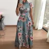 Femmes été DrCasual manches courtes longues DrBoho imprimé fleuri Maxi DrVestidos col roulé pansement robes élégantes ceinture X0621