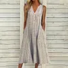 Casual Dresses Kvinna Midi Lös Klänning Striped V Neck Stor Hem Temperament Ärmlös Fickor Knappar Kvinna Sommar 2021