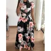 Women Summer Maxi Dress Casual O-Neck Short Sleeve Lace-Up Party Dress Plus Size 3XL Summer Floral Print Tunic Boho Dresses 210527