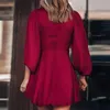 Solid Color Deep V Lace Up Lantern 7-kwadrowy rękaw Prosta spódnica Elegancka sukienka Bodycon Sukienka Kobieta Seksowne Maxi Dresses 210521