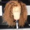 Parrucca riccia afro crespa marrone / bionda Capelli mongoli Densità 180 13X4 Parrucca frontale in pizzo sintetico per donne nere