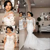 아랍어 아소 에비 인어 웨딩 드레스 2021 긴 소매 3D 꽃 레이스 반짝이 구슬 플러스 크기 신부 파티 가운 가운 드 결혼