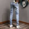 Estilo italiano moda homens jeans retro luz azul elástico algodão rasgado patchwork designer vintage slim fit calças jeans