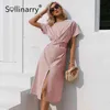 Sollinarry Cotton Knuted Straight Women Dress Casual O Neck Chic Split Klänning Elegant Grön Loose Short Sleeve Ladies Midi Dress 210709