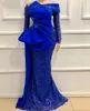 Off Shoulder Långärmad Prom Klänningar 2021 Glänsande Luxury Lace Applique Bow Aftonklänning Dubai Caftan Boda Robe de Soirée de Mariage