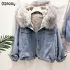 Gizmosy Big Faux Fur Collar Denim Jaqueta Mulheres Inverno Com Capuz Quente Jean Student Básico Parkas Curtas Parkas Feminino Bomber Coat 211018