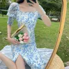 Französisch Stil Frauen Sexy Puff Sleeve Split Kleid Büro Dame Sommer Elegante Quadratische Kragen Chiffon Strand Vestidos 210519
