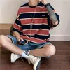 Retro Striped T Shirt Half-sleeved Men Clothing loose Couple Five-point Short-sleeved Casual T-shirt Streetwear Bottoming Tshirt Y0322