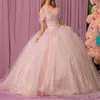 2022 Plus Storlek Blush Pink Ball Gown Quinceanera Klänningar Beaded Off Axel Tulle Sequined Sweet 15 16 Dress XV Party Wear