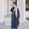 Женская шерстяная смеси шерстяной куртки Длиная секция зимняя голубая корейская шнурка талия мода