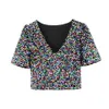 Za Summer Sexy Crop T-shirt Top with Deep V-neck Sequined Half Sleeve Party Tee Top Femme Cool Personality Club T-shirt Top X0628