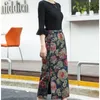 女性のための中国風のフラワーウールのロングスカートのためのヴィンテージのエレガントなミディスカート女性のハイウエスト花プリントウール鉛筆スカート210619