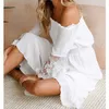 MoonBiffy Yaz Sundress Kadınlar Beyaz Plaj Straplez Uzun Kollu Gevşek Seksi Kapalı Omuz Dantel Boho Pamuk Maxi Elbise Q190511