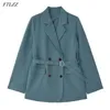 Spring Arrival Panie Biurowe Vintage Solid Blue Khaki Blazer Kobiety Eleganckie Podwójne Breasted Luźne Kurtki Mody 210430