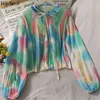 Camicie coreane con maniche lunghe a sbuffo Camicetta plissettata arcobaleno Tie Dye Camicette Harajuku vintage estive Top da donna Blusa eleganti 210519