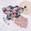 Vinterstil Spädbarn Babyflickor Sätt Lång Flare Ärmtryck Blommiga Klänningar Rosa Solid Shorts Casual Grils Cloth 210629