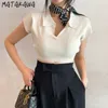 마타 카와 여름 간단한 여자 티셔츠 옷깃 자기 재배 니트 탑스 한국 Chic 티셔츠 여성 캐주얼 짧은 티셔츠 여성 210513