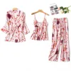 Satynowe piżamy dla kobiet 3 sztuk PJs Home Nosić ubrania Drukuj Kwiatowy Bawełna Panie Sexy Luźne Sen Nightwear Zestawy 210830