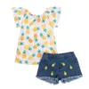 Garotas de verão Conjunto de roupas Abacaxi Roupas Kids Moda Crianças Crianças Sem Mangas Top + Demin Shorts 18m a 8 Anos 210326