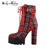 Botas femininas Only Maker com plataforma e cano baixo com fivela e salto grosso xadrez vermelho com cadarço e zíper lateral botas bico redondo para o inverno 210626