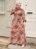 Ethnic Clothing 2022 Summer Floral Print Polyester Casual Muslim Dress Ramadan Kaftan Dubai Abaya Turkey Woman Headscarf Islamic