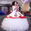 Unique Two Piece Princess Quinceanera Dresses White With Blue Red Off Shoulder Long Sleeve Beaded Embroidery Masquerade Prom Dress Ball Gown Sweet 16 Party Wear