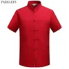 Red Traditional Chinese Style Tang Shirt Men Mandarin Collar Frog-Button Linen Shirts Mens Tai Chi Wing Chun Kung Fu Clothing 210522