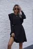 Herbst gepolsterte Schulter Langarm Mini schwarzes Kleid für Frauen A-Linie Vintage Rüschen volle Kleider Frauen Vestidos Winterkleid 210514