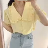 Koreansk chic söt solid kvinna skjorta kortärmad blusas nedbrytning krage chiffong toppar casual kvinnlig mode damer blouses 14142 210527