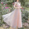 Elegante vrouwen pailletten vierkante kraag mesh lange jurk vintage zomer Franse ruches mouwloze hoge taille slanke fee 210519