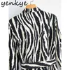 Spring Women Vintage Zebra Striped Long Shirt Dress Female Sleeve Lapel Collar Sashes Casual A-line Vestido 210430