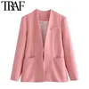 TRAF Femmes Mode Bureau Porter sans col Blazer Manteau Vintage Manches longues Poches passepoilées Vêtements de dessus pour femmes Chic Veste 211122