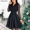 Capucines Shiny Sequin Mesh Stitching Woman Dress Spring Autumn Long Sleeve A Line Belted Ladies Elegant Party Dresses 210623