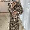 MATAKAWA Elegante abito lungo da donna Corea Chic Retro girocollo con stampa leopardata Robe Femme Lace Up Full Maxi Abiti 210513