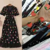 New Fashion Black Strawberry Dress Woman Puff Sleeve Mesh Long Dress Lace Up Strawberries Plus Size Dresses 2021 Women Party Y1204
