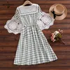 Mori Girl Sweet Summer Women Dresses Vintage Green Plaid Printed Navy Collar Cotton Linen Midi Dress Femininos Vestidos 210520