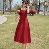 Långärmad klänning Kvinnor Semester Elegant Ankellängd Kvinnlig Square Collar Enkel Trendig Koreansk stil Fritid Streetwear Slim In 210515