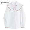 Yitimuceng Embroidery Blouse Women Shirts Peter pan Collar Clothes Solid White Summer Korean Fashion Office Lady Tops 210601