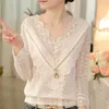 Blusas Mujer De Moda V-neck White Blouse Women Tops Long Sleeve Hollow Lace Blouse Women Shirt Womens Tops And Blouses C219 210602