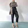 Twotwinstyle PU PULA PISTANTES PARA MUJERES Longitud de tobillo de la cintura alta pantalones casuales negros ropa de moda femenina 211115