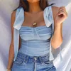 Kvinnor Lace Up Bow Tank Toppar Vintage Blue Crop Top Solid Color Sleevelsummer Toppar Slim Casual Tanks för Sexy Lady Kläder X0507