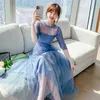 Modedesignerkleid Sommer Damenkleid Polka Dot Print Hohe Taille Blau Mesh Midi 210529