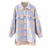 Stylish Sweet Plaid Woolen Shirt Jacket Fashion Pockets Turn-down Collar Check Jacket Cute Girls Chic Coat Streetwear 211014