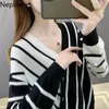 Neploe Korean Knitted Pullover Women Striped Casual Loose Sweater Single Breasted V Neck Irregular Tops Thin Fashion Jumper 210422