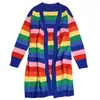 Rainbow Stripe Contraste Color Sweater Casaco Mulheres Primavera V-Pescoço Long Cardigan Feminino 210427