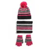 Barn vinter stickade 3pcs beanie hatt halsduk handskar uppsättning kontrast färg randig tjock plysch fodrad pompom skalle cap neck warmer