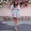 Tie-dyed Rainbow Organza Dress A-line Puff Sleeve Cute Summer for Women Skater Short Party Holiday 210427