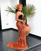 Abiti da sera sexy in pizzo Aso Ebi Style Scollo a V Sheer Mermaid Plus Size abito da ballo africano nero arancione vestidos de gala