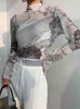 Turtleneck Mesh Bluzka Kobiety Renaissance Drukuj Z Długim Rękawem Przeglądaj przez Top Damska Sheer Designer Odzież 210427