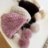 Шапочки 2021 Real Rex Мех эластичный вязаный колпачок с POM BONNETS Женская шапка Hat Earflap S2776